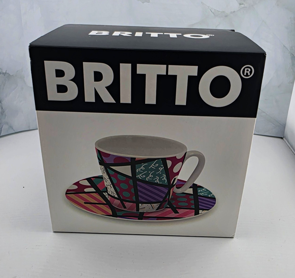 Romero Britto Espresso Cup Saucer Set Deeply In Love Fish China 3.3 oz NIB